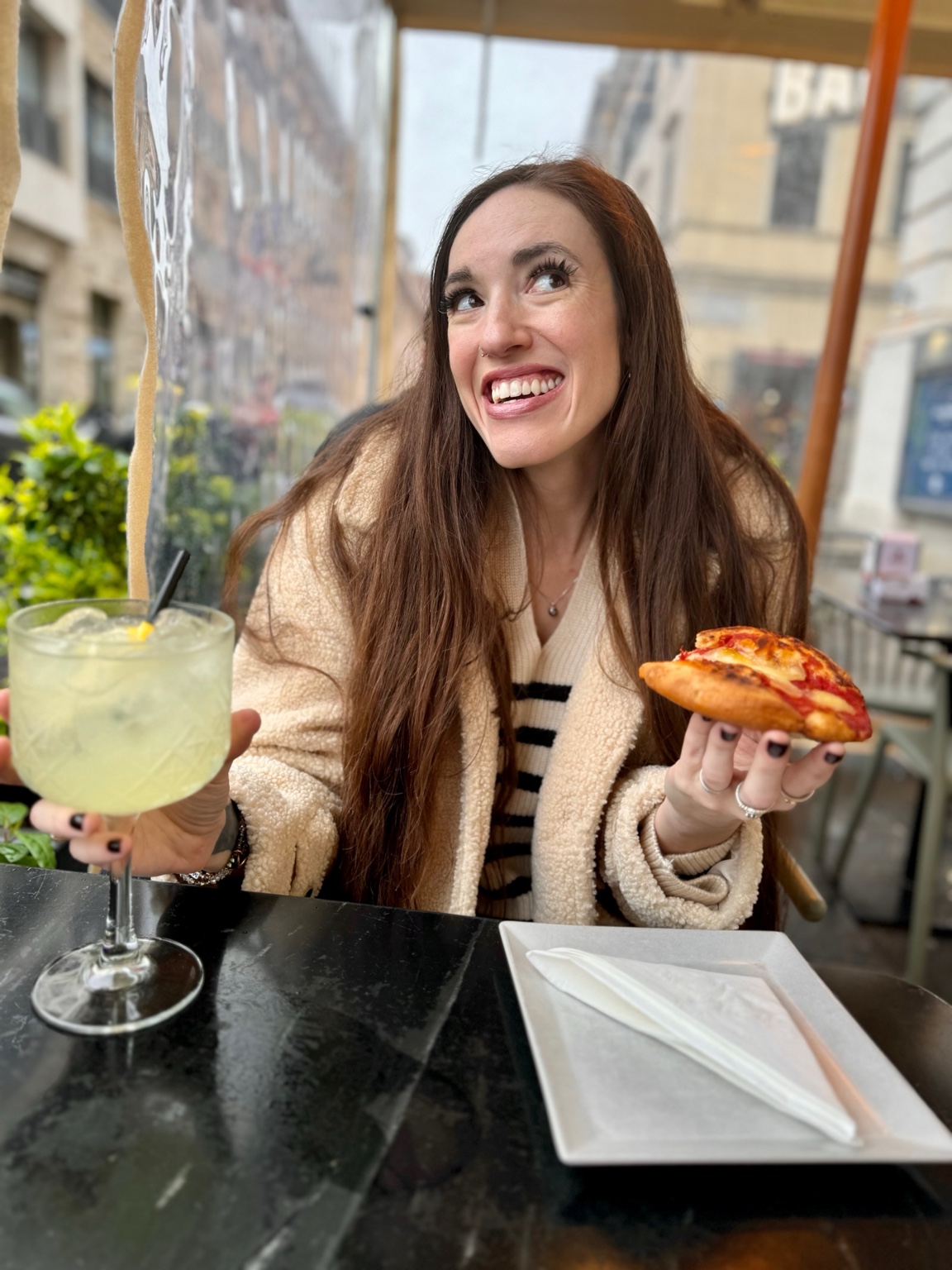 Rebekah Barton dining while traveling